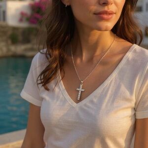 Paved stainless steel cross pendant with matching necklace